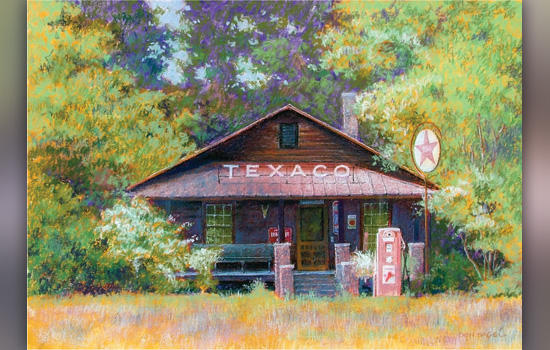 painting of a house with a sign that says Texaco.