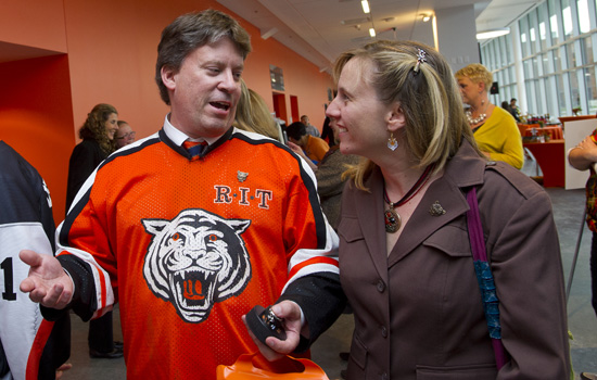 People talking at hockey event