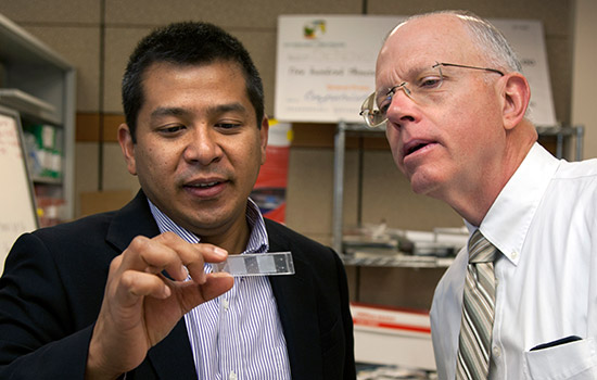 Person demonstrating research to RIT president