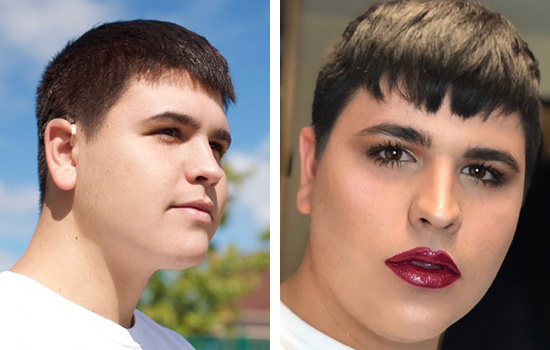 side by side images of Louis Albano one without makeup and one with a full glam look.