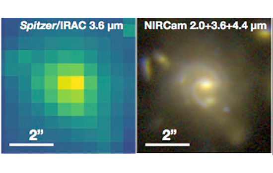 a yellow, green, and blue pixelated version of a star on the left and a photo-like image of a swirling galaxy on the right.