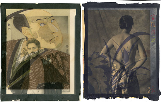 two aart pieces of vintage portraits overlaid on renaissance and Japanese artworks.