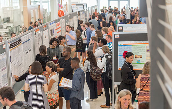 Overhead shot of projects on display in Slaughter Hall.