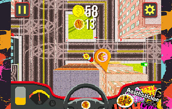 screenshot of an overhead view of streets and buildings in a video game.